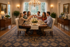 Belzhiki ZerKhaki handmade Afghan carpet styled in an elegant dining room setting – luxury hand-knotted wool rug by Golden Loom Afghanistan anchoring a formal dinner gathering