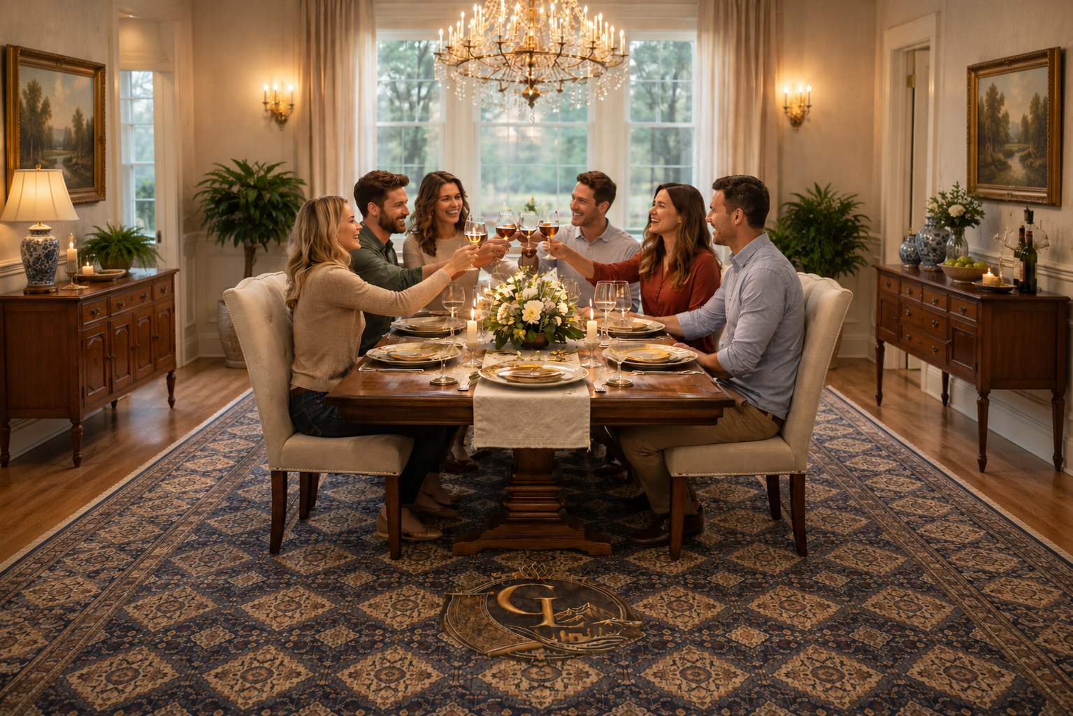 Belzhiki ZerKhaki handmade Afghan carpet styled in an elegant dining room setting – luxury hand-knotted wool rug by Golden Loom Afghanistan anchoring a formal dinner gathering