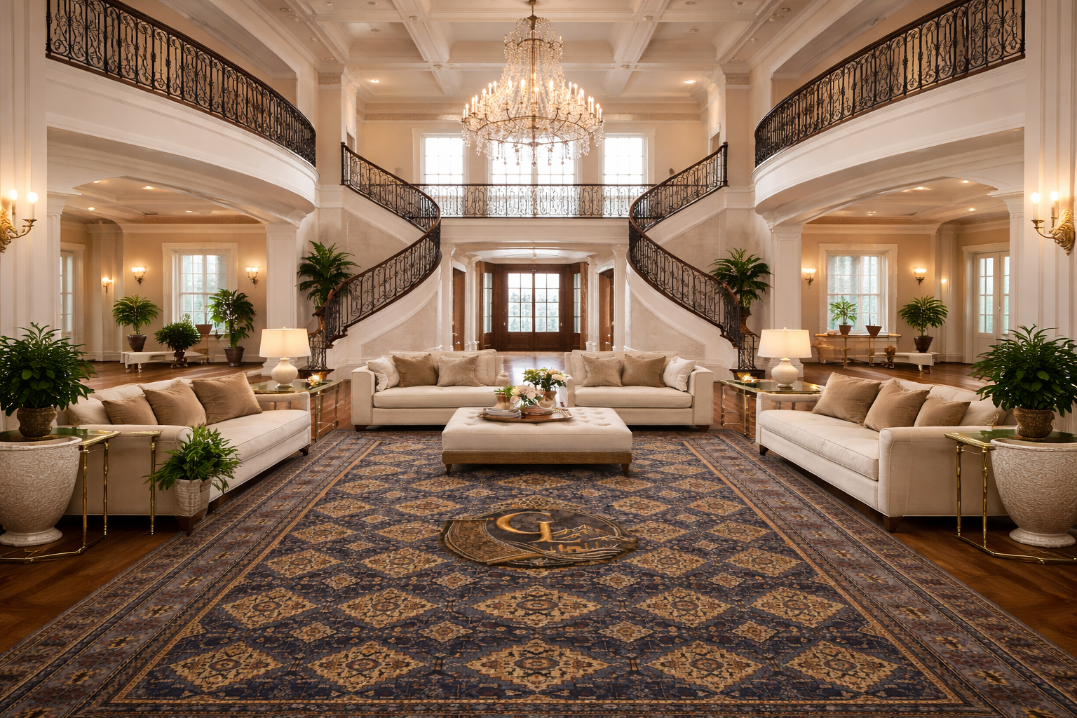 Belzhiki ZerKhaki handmade Afghan carpet in a grand luxury foyer – large-format hand-knotted wool area rug by Golden Loom Afghanistan showcasing scale and timeless elegance