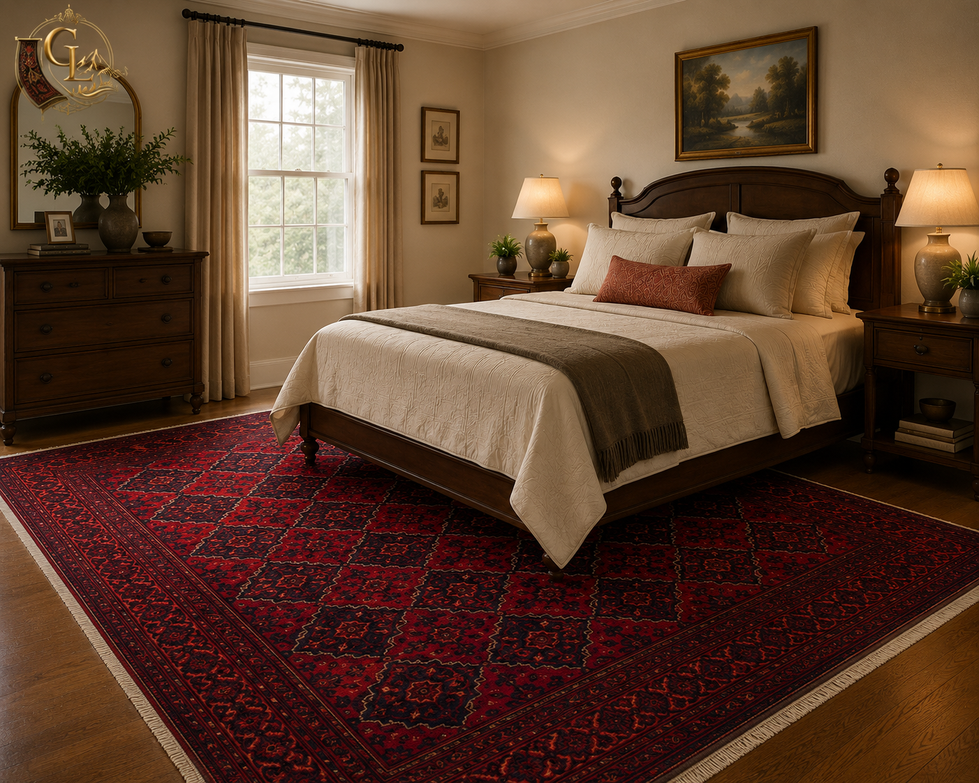 Afghan Khamyab Rug in Luxury Interior Setting – Crimson Red & Navy Blue Hand-Knotted Wool