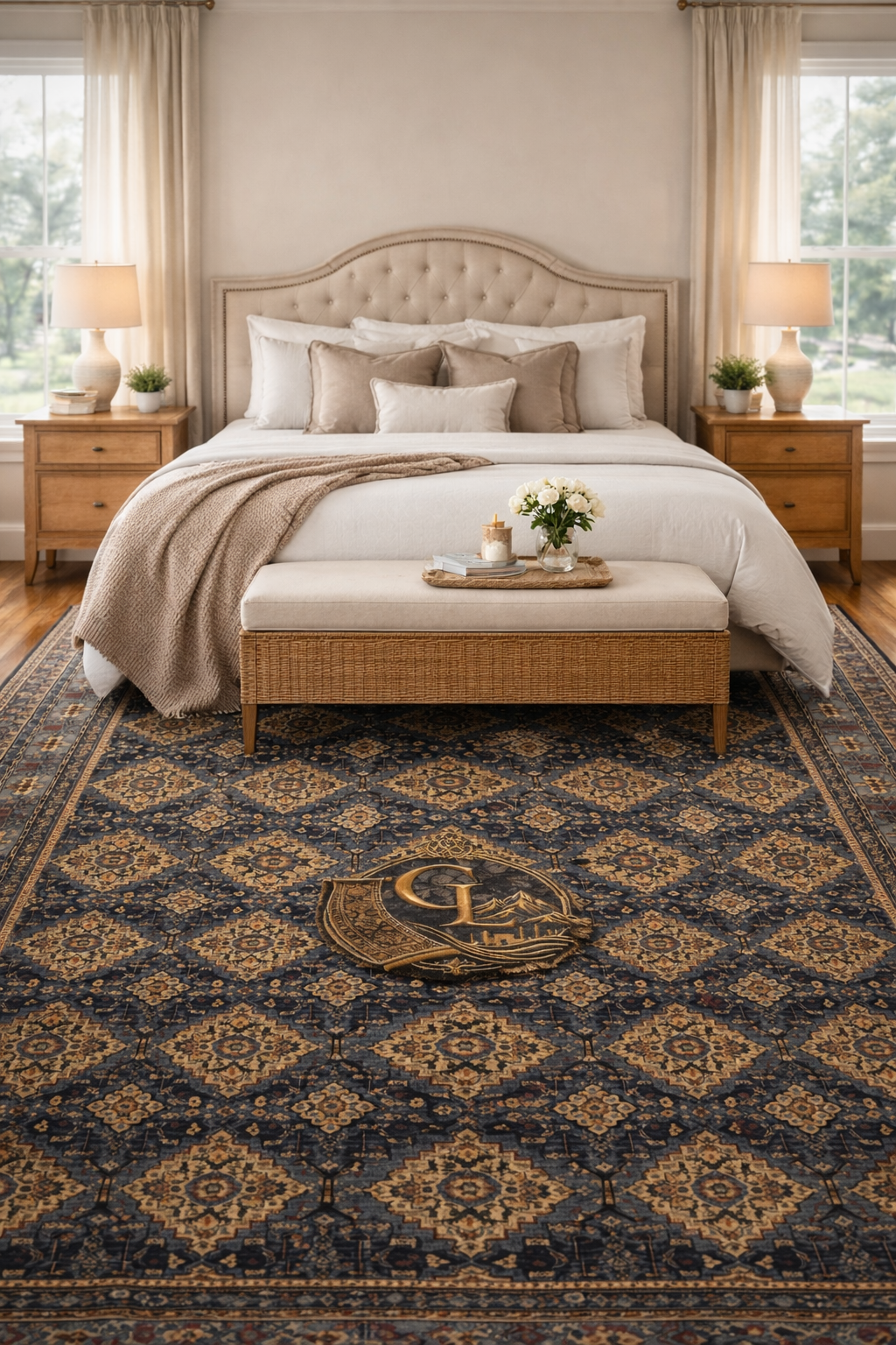 Belzhiki ZerKhaki Antique Afghan carpet styled in a luxury master bedroom – hand-knotted wool rug in charcoal and gold by Golden Loom Afghanistan, available in 6 sqm and 9 sqm