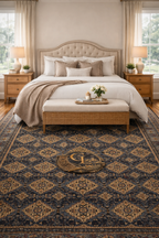 Belzhiki ZerKhaki Antique Afghan carpet styled in a luxury master bedroom – hand-knotted wool rug in charcoal and gold by Golden Loom Afghanistan, available in 6 sqm and 9 sqm