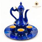Afghan blue lapis lazuli serving set with lidded vessel, round tray, and four matching cups.