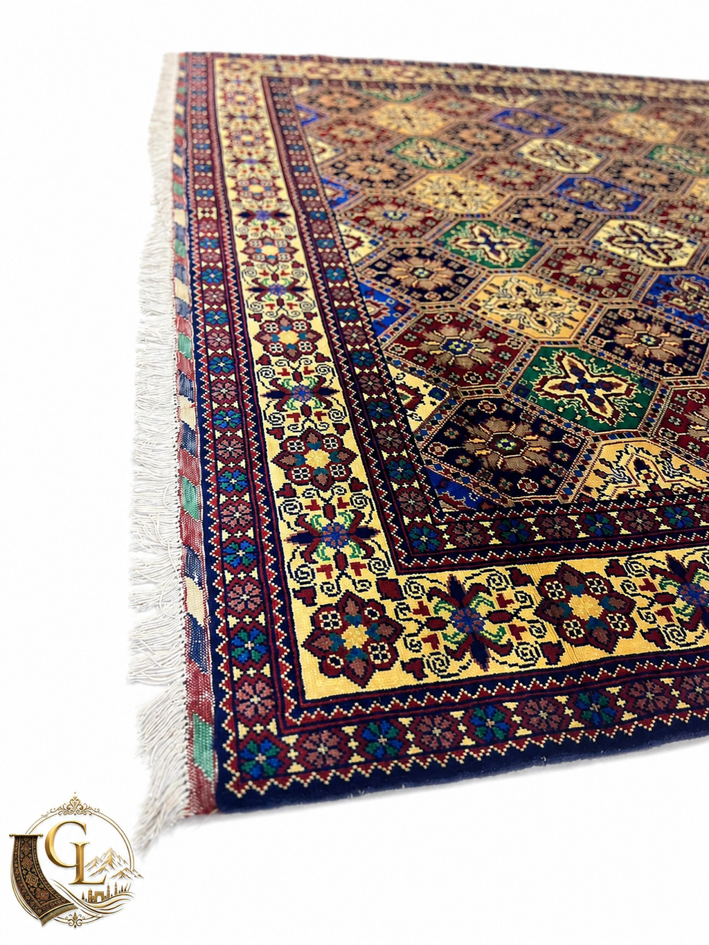 Corner perspective of Belzhiki hand-knotted Afghan carpet — multicolor tile pattern with ivory border and knotted fringe, made to order by women artisans in Jawzjan, Afghanistan