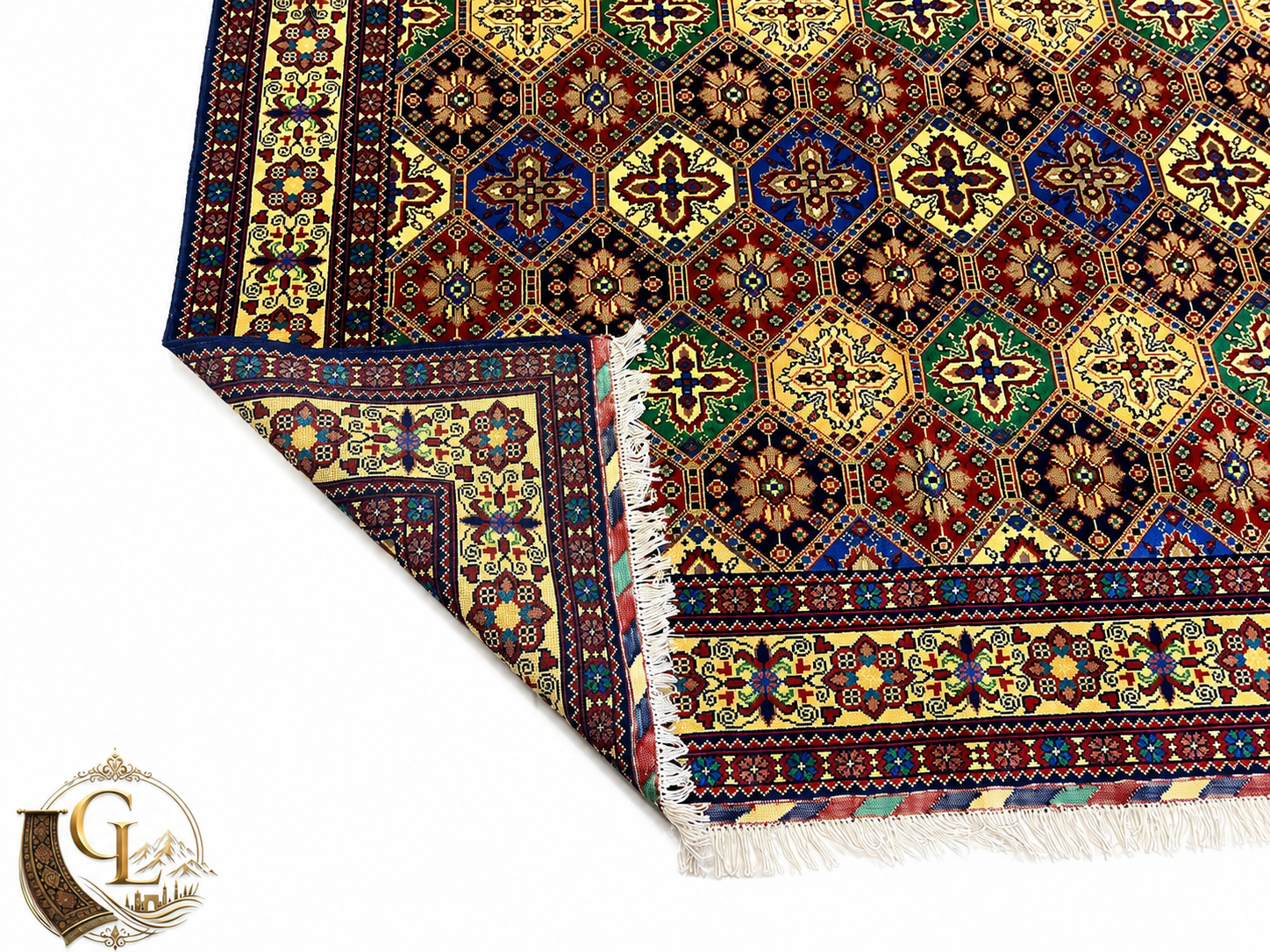 Belzhiki Afghan carpet folded to show front and back — hand-knotted tile pattern in royal blue, green, red and ivory with white knotted fringe, Jawzjan Province