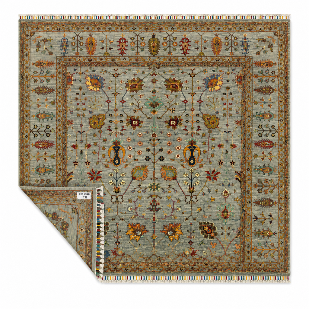 Chobi Sultani Diamond hand-knotted Afghan carpet 248x281cm with corner folded to reveal cotton back and multicolor fringe, sage blue-grey with all-over botanical design, Golden Loom Afghanistan