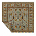 Chobi Sultani Diamond hand-knotted Afghan carpet 248x281cm with corner folded to reveal cotton back and multicolor fringe, sage blue-grey with all-over botanical design, Golden Loom Afghanistan