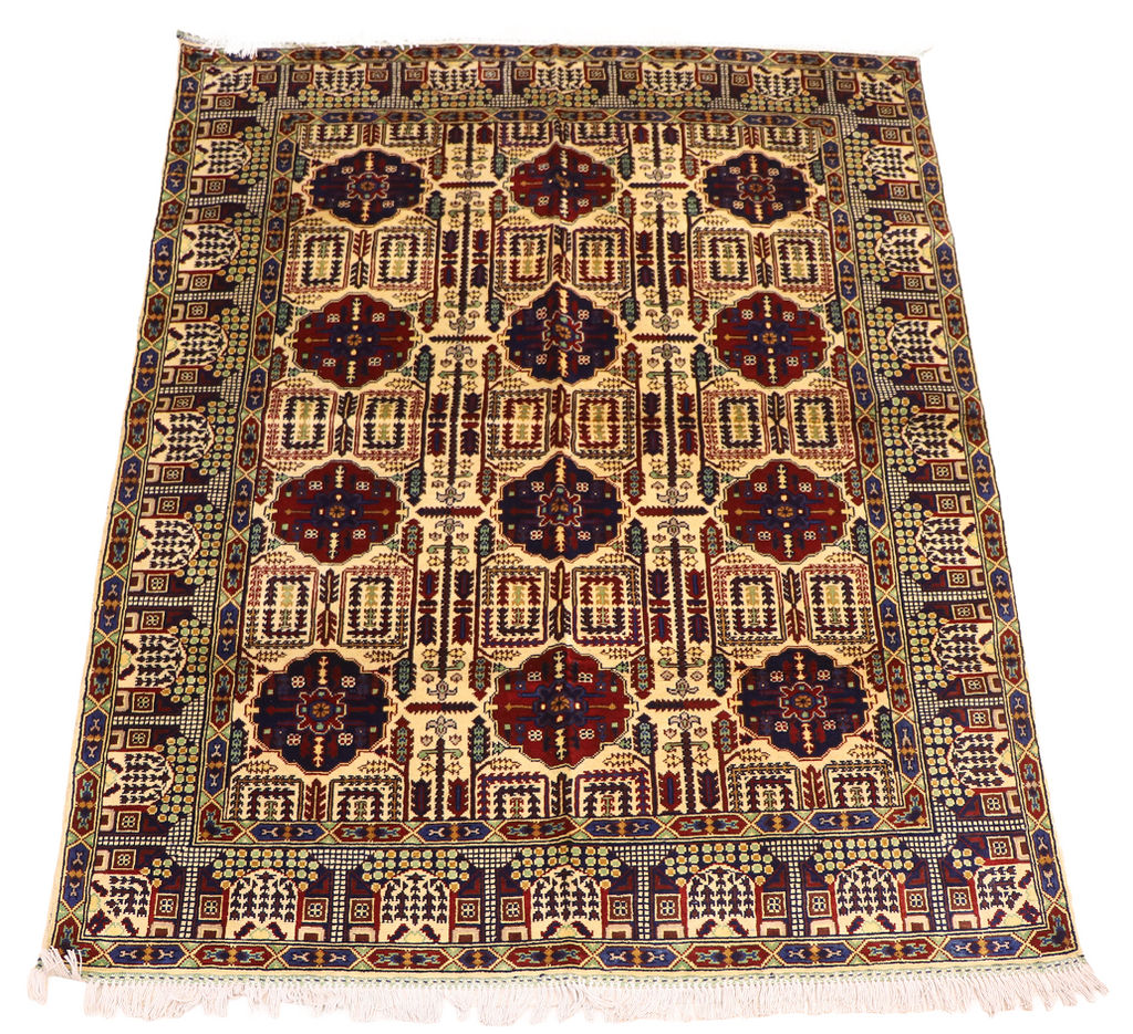Hand-knotted Afghan wheat pattern rug with ivory field, navy and burgundy geometric medallions, and multi-border fringe detail — authentic artisan carpet by Golden Loom Afghanistan
