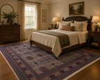 Afghan Bokhara wool rug in a bedroom interior – hand-knotted silver grey carpet from Qarqin, Afghanistan
