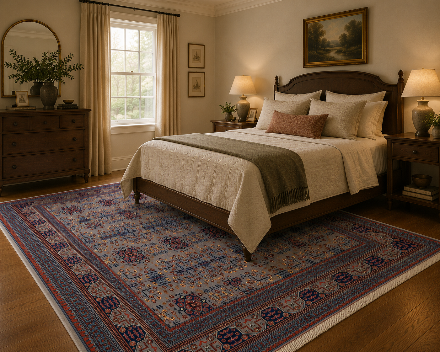 Afghan Bokhara wool rug in a bedroom interior – hand-knotted silver grey carpet from Qarqin, Afghanistan