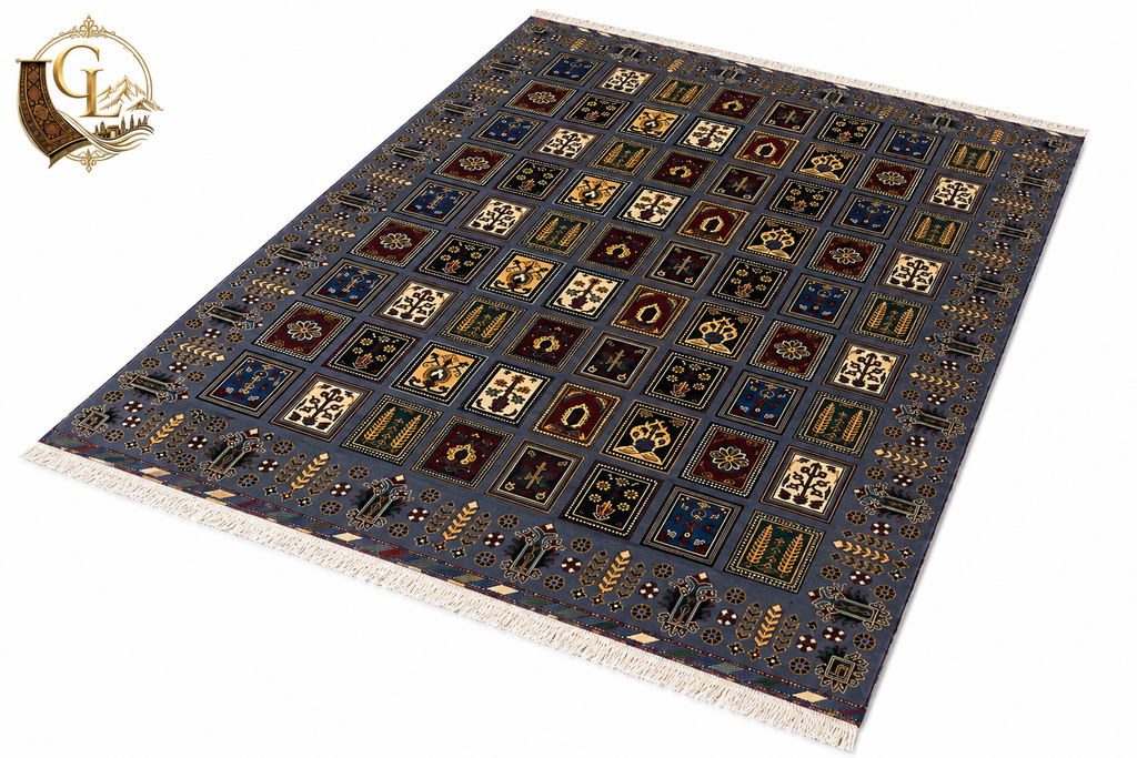 Belzhiki & Regional Mirror Design Afghan carpet – 3/4 overhead view on white background showing full dark slate-blue field, symmetrical botanical panel grid with sacred Turkman motifs in burgundy, ivory, gold and navy, arrow and floral border, ivory hand-tied fringe on all four sides, 202×301cm, 100% Turkman wool, Golden Loom Afghanistan