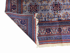 Full view of Afghan Bokhara rug – silver grey, navy blue, and coral red, 100% wool, hand-knotted in Afghanistan