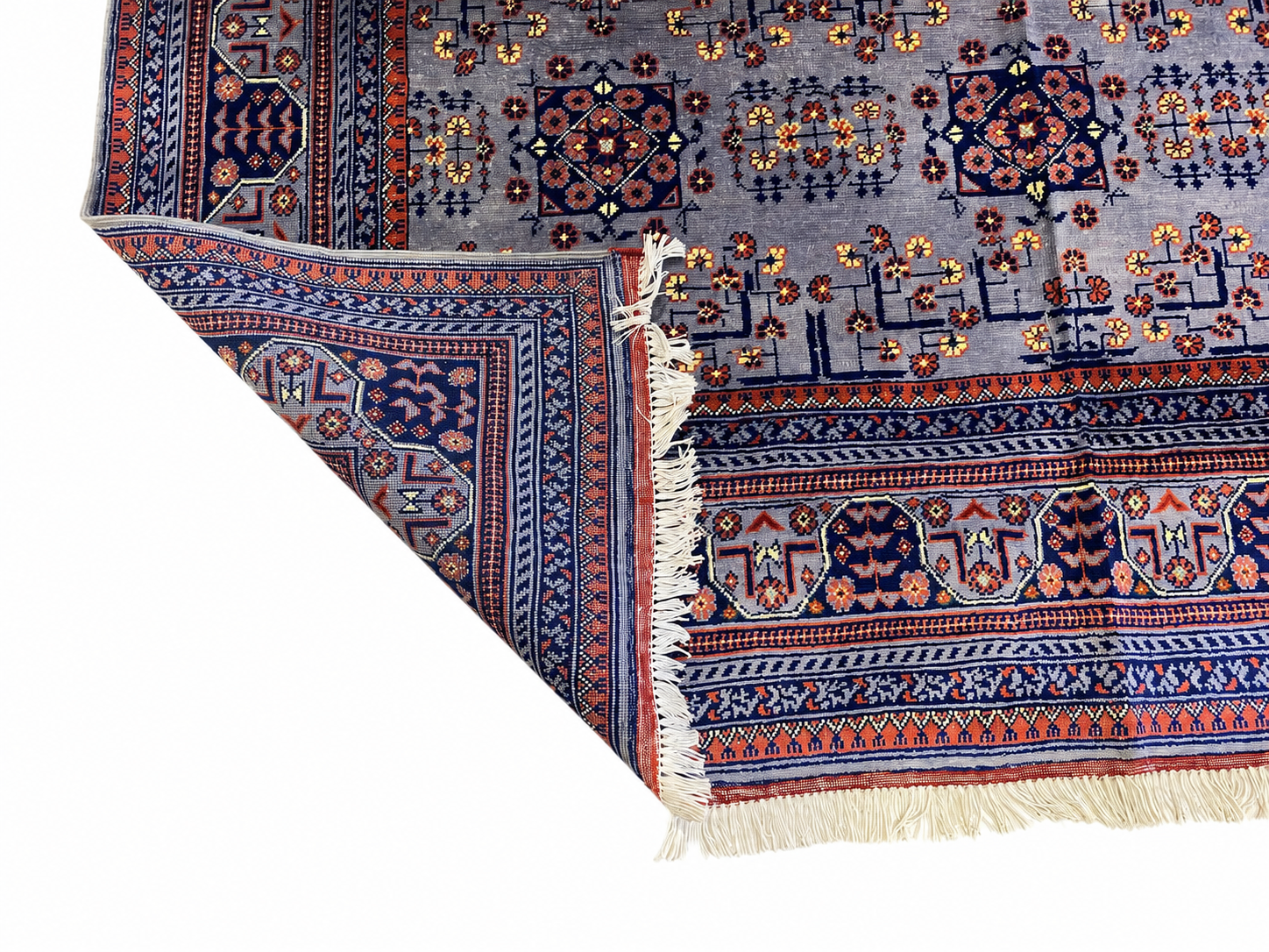 Full view of Afghan Bokhara rug – silver grey, navy blue, and coral red, 100% wool, hand-knotted in Afghanistan