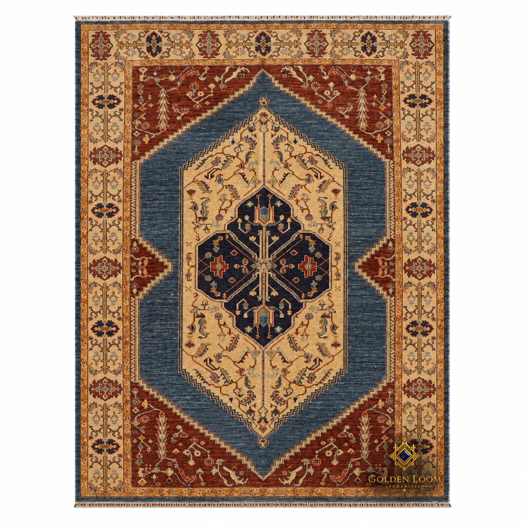 Chobi Kashan Lahori hand-knotted Afghan carpet — blue medallion, ivory field, rust-red border, natural wool, 2×3m