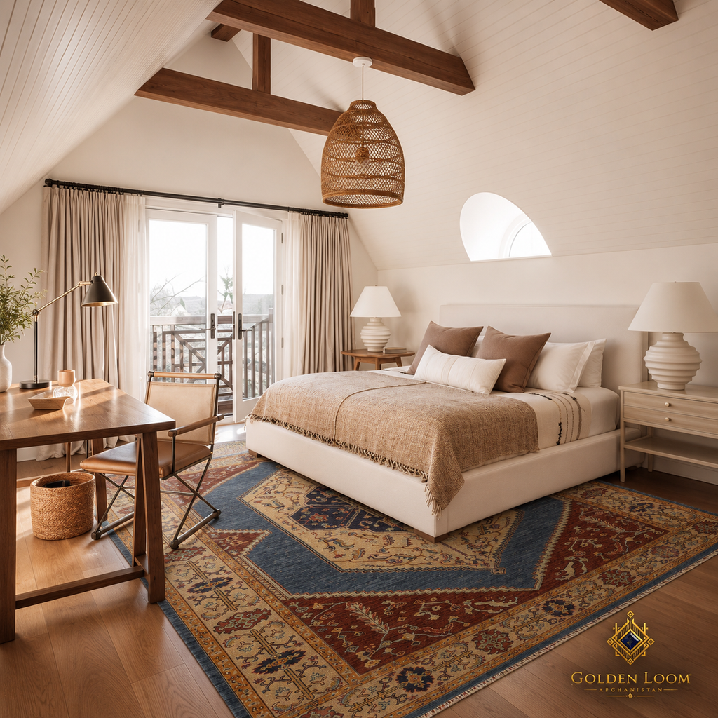 Hand-knotted Afghan Chobi Kashan Lahori carpet in a rustic bedroom — blue and rust medallion rug under king bed