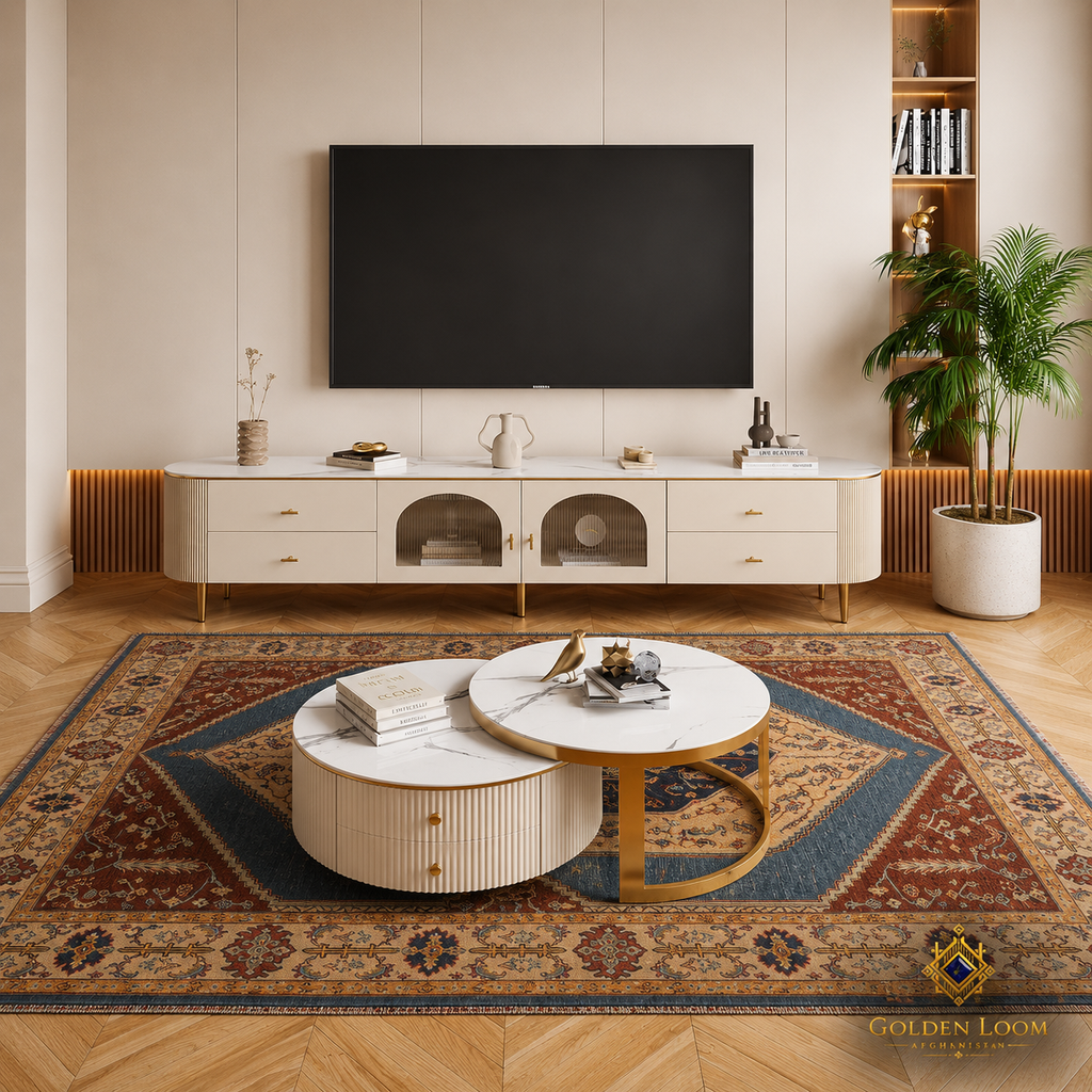 Chobi Kashan Lahori Afghan carpet in a contemporary living room — natural dye wool rug with blue medallion and rust border