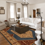 Afghan hand-knotted Chobi Kashan Lahori wool rug in a farmhouse living room — traditional medallion design in blue, ivory, and rust