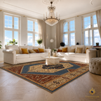 Chobi Kashan Lahori Afghan carpet in a luxury European living room — blue and rust medallion rug under white sofas