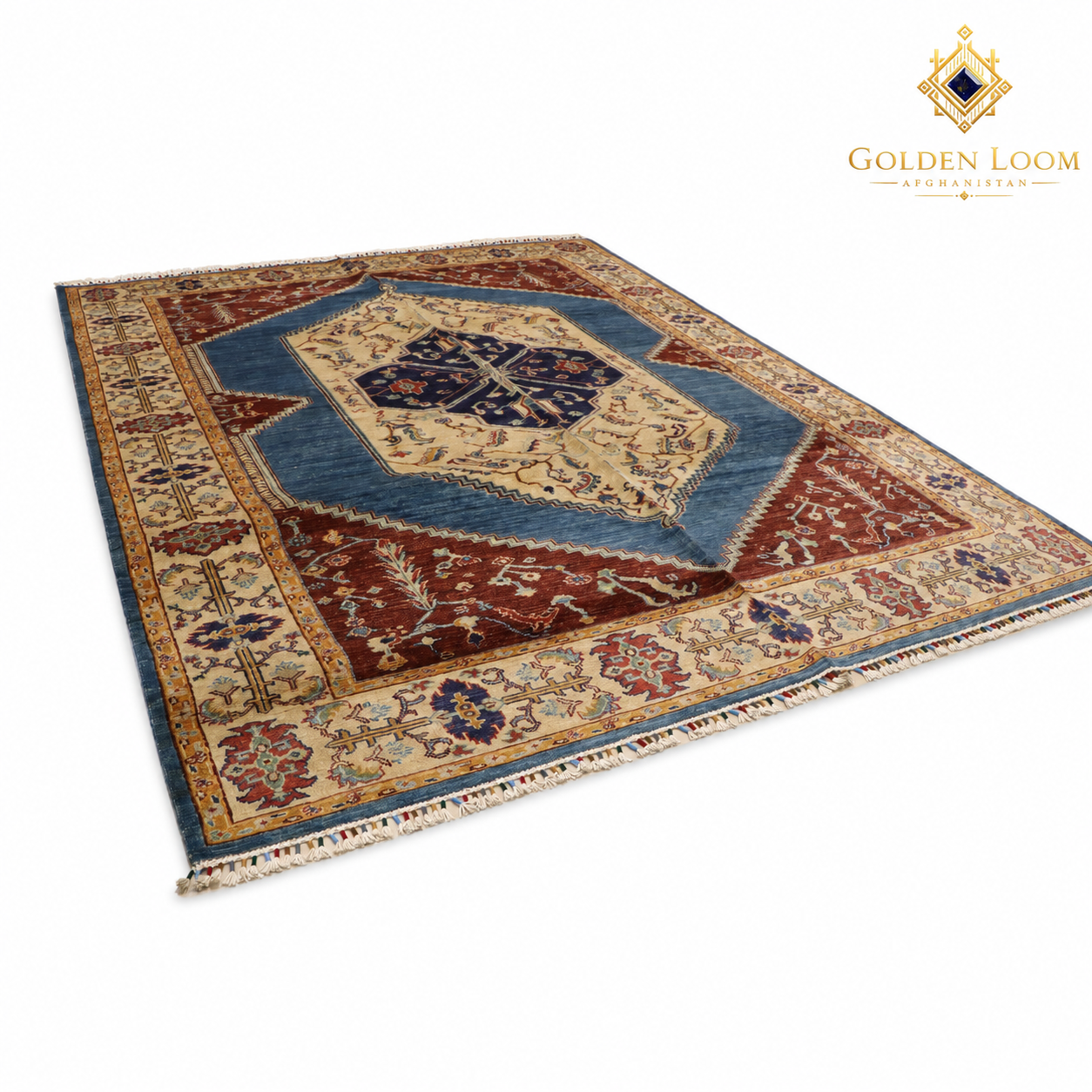 Chobi Kashan Lahori hand-knotted Afghan wool carpet — full view, blue field, navy medallion, rust-red border with ivory floral motifs, 2×3m (7×10ft)
