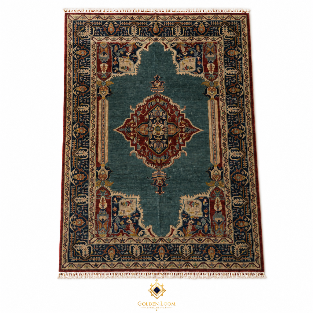 Kashan Blue Afghan Chobi hand-knotted wool carpet, teal field with burgundy central medallion and deep navy floral border, white background