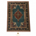 Kashan Blue Afghan Chobi hand-knotted wool carpet, teal field with burgundy central medallion and deep navy floral border, white background