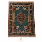 Kashan Blue Afghan Chobi hand-knotted wool carpet, teal field with burgundy central medallion and deep navy floral border, white background