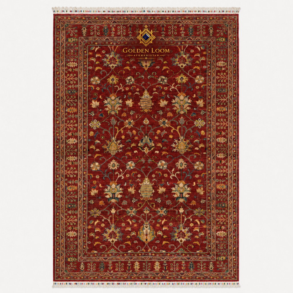 Handmade Afghan Ziegler rug in deep red with all-over floral vase pattern, hand-knotted wool, traditional Persian-style design — Golden Loom Afghanistan