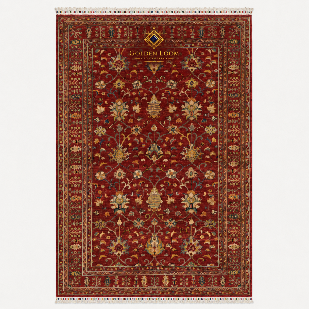 Handmade Afghan Ziegler rug in deep red with all-over floral vase pattern, hand-knotted wool, traditional Persian-style design — Golden Loom Afghanistan