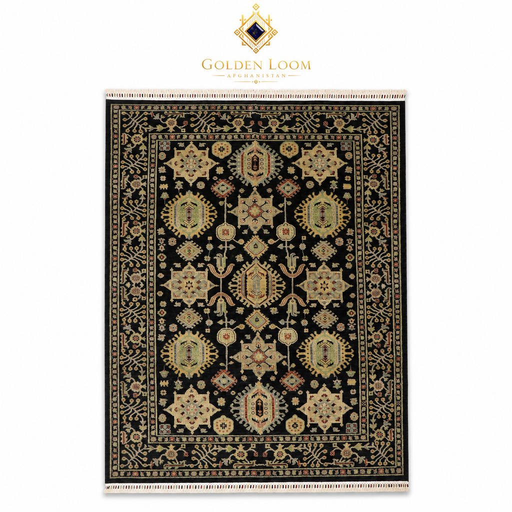 Hand-knotted Afghan Chobi rug with black ground and ivory gold geometric medallion pattern on white background