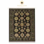 Hand-knotted Afghan Chobi rug with black ground and ivory gold geometric medallion pattern on white background