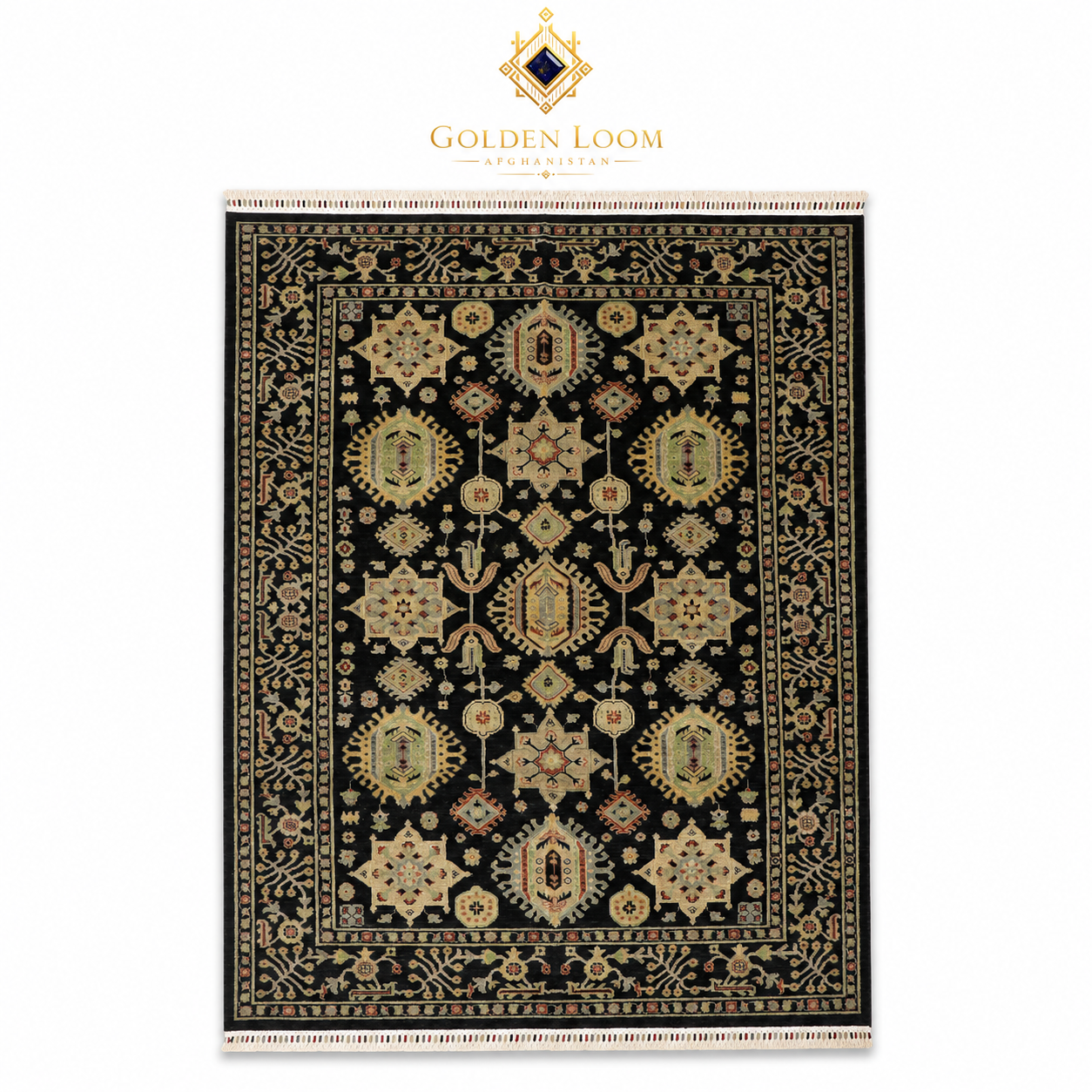Hand-knotted Afghan Chobi rug with black ground and ivory gold geometric medallion pattern on white background
