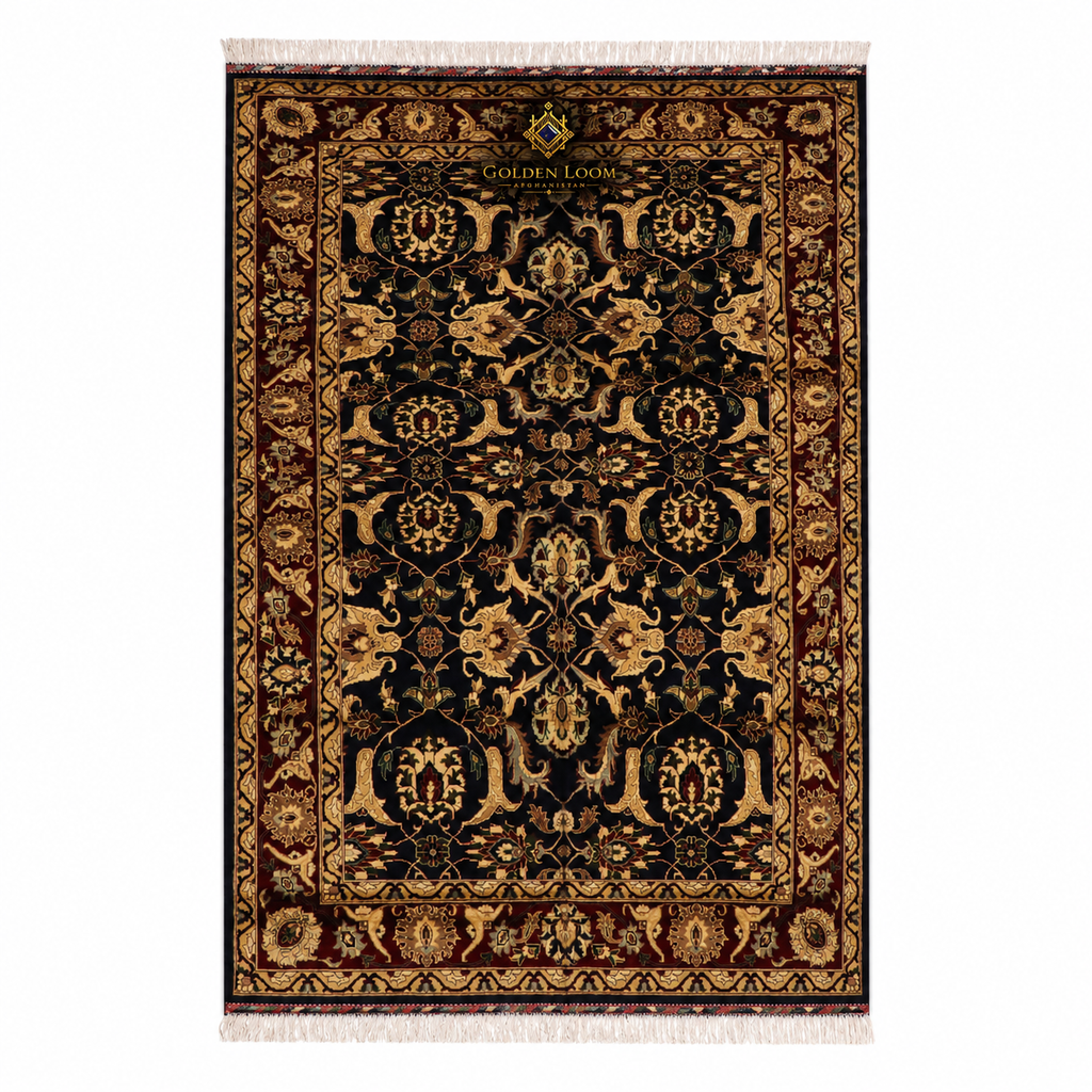 An ornate rectangular area rug with a traditional floral and geometric pattern, featuring a dark navy blue center field, gold and beige motifs, and a dark red border, shown flat against a white background.