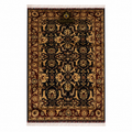 An ornate rectangular area rug with a traditional floral and geometric pattern, featuring a dark navy blue center field, gold and beige motifs, and a dark red border, shown flat against a white background.