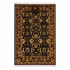 An ornate rectangular area rug with a traditional floral and geometric pattern, featuring a dark navy blue center field, gold and beige motifs, and a dark red border, shown flat against a white background.