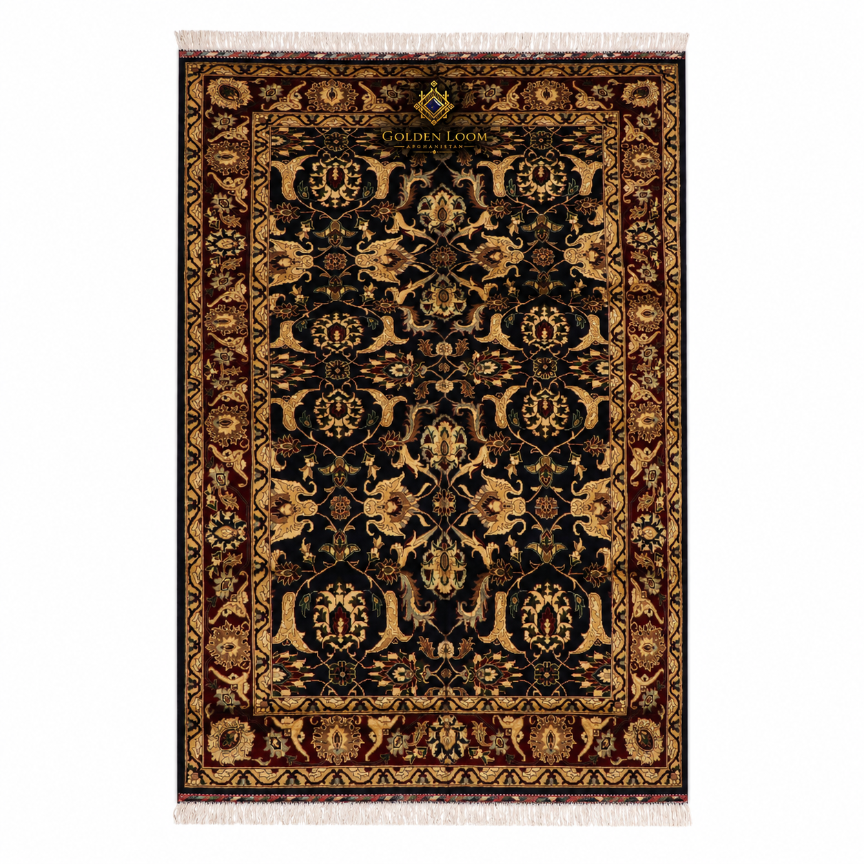 An ornate rectangular area rug with a traditional floral and geometric pattern, featuring a dark navy blue center field, gold and beige motifs, and a dark red border, shown flat against a white background.