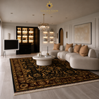 A luxury living room featuring a large traditional oriental area rug with a black, gold, and brown floral pattern. The room is styled with a curved cream sofa, beige throw pillows, a round white coffee table, and elegant wall decor, under a chandelier and warm ambient lighting.