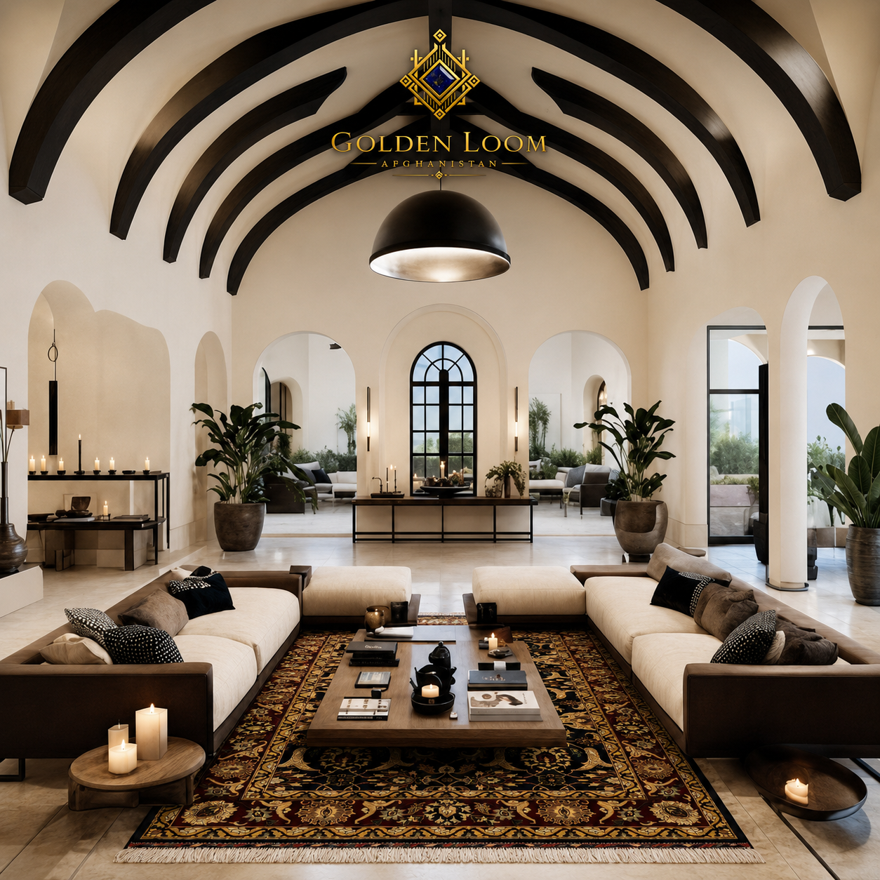 A luxury modern living room featuring a large beige sectional sofa with dark brown leather arms, arranged around a patterned oriental coffee table on a large ornate rug. The room has a grand arched ceiling with black beams, white walls, and potted plants.