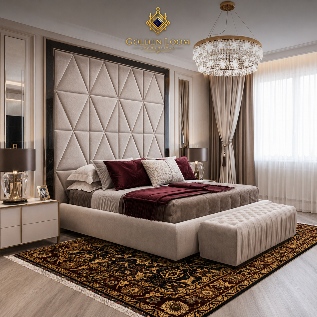 A luxury bedroom featuring a large beige tufted platform bed with a matching tufted headboard, styled with deep burgundy and cream bedding, a patterned area rug, and a crystal chandelier. The brand logo 'Golden Loom' is visible at the top.