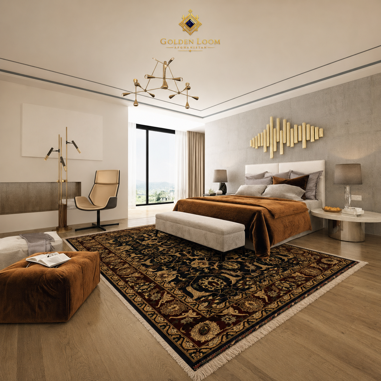 A luxury modern bedroom featuring a large dark brown and gold patterned area rug on light wood floors, with a bed, contemporary furniture, and a gold 'GOLDEN LOOM' logo overlay at the top.