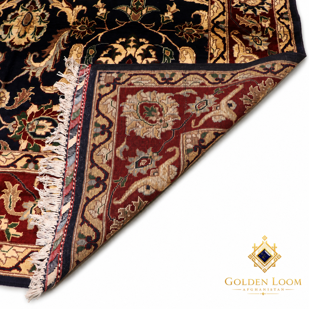 A close-up of an ornate Persian-style area rug with a dark navy/black field, red border, and cream floral motifs, shown with one corner folded over to reveal the underside and fringe. The Golden Loom Afghanistan logo is visible in the bottom right on a white background.