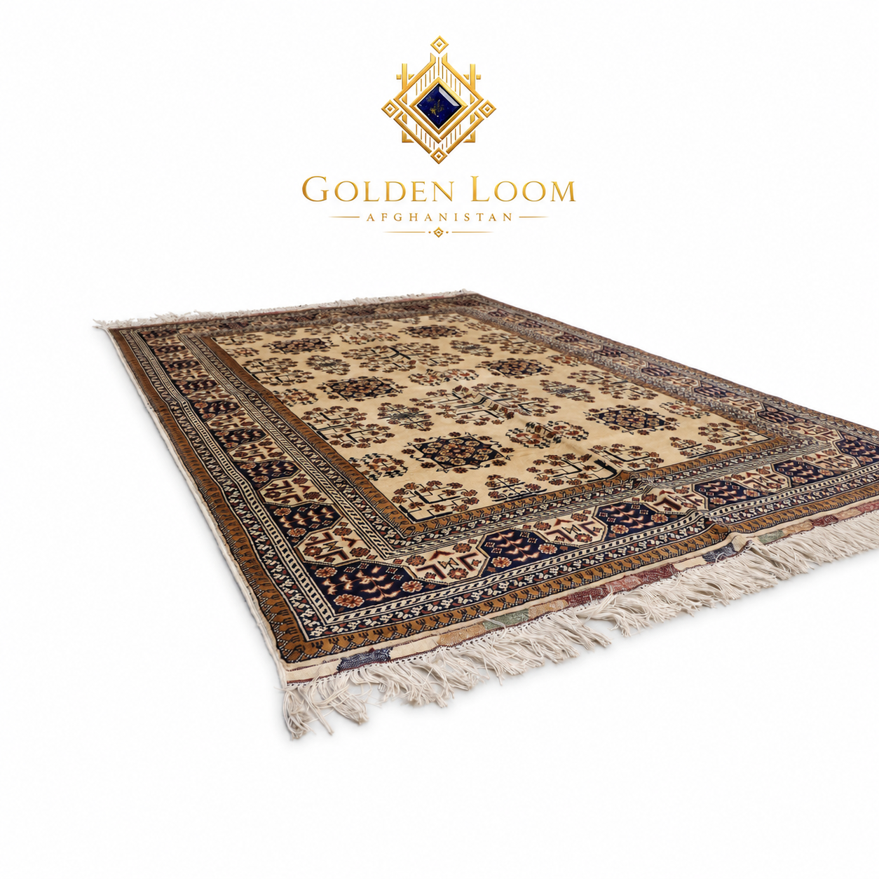 Angled perspective of Belzhiki Bokhara handwoven Afghan carpet showing depth, fringe detail, and Bokhara medallion pattern — Golden Loom Afghanistan