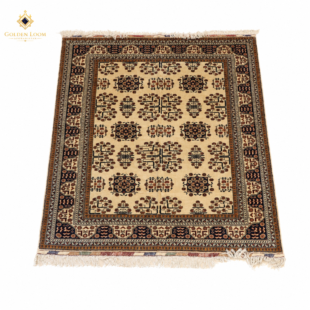 Full flat-lay view of Belzhiki Bokhara Afghan carpet showing all-over gul pattern on ivory field with multi-border — Golden Loom Afghanistan