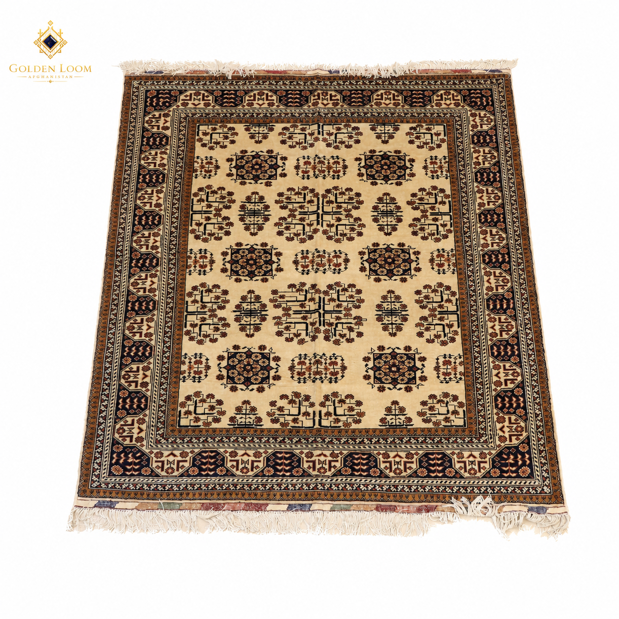 Full flat-lay view of Belzhiki Bokhara Afghan carpet showing all-over gul pattern on ivory field with multi-border — Golden Loom Afghanistan