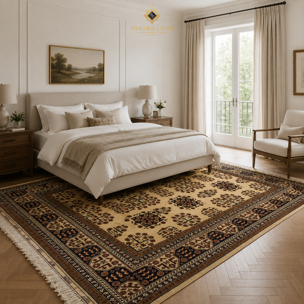 Belzhiki Bokhara handwoven wool carpet in a bright modern bedroom with white walls and French doors — Golden Loom Afghanistan