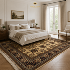 Belzhiki Bokhara handwoven wool carpet in a bright modern bedroom with white walls and French doors — Golden Loom Afghanistan