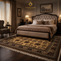 Belzhiki Bokhara handwoven Afghan carpet in a classic luxury bedroom with dark wood furniture and warm lighting — Golden Loom Afghanistan