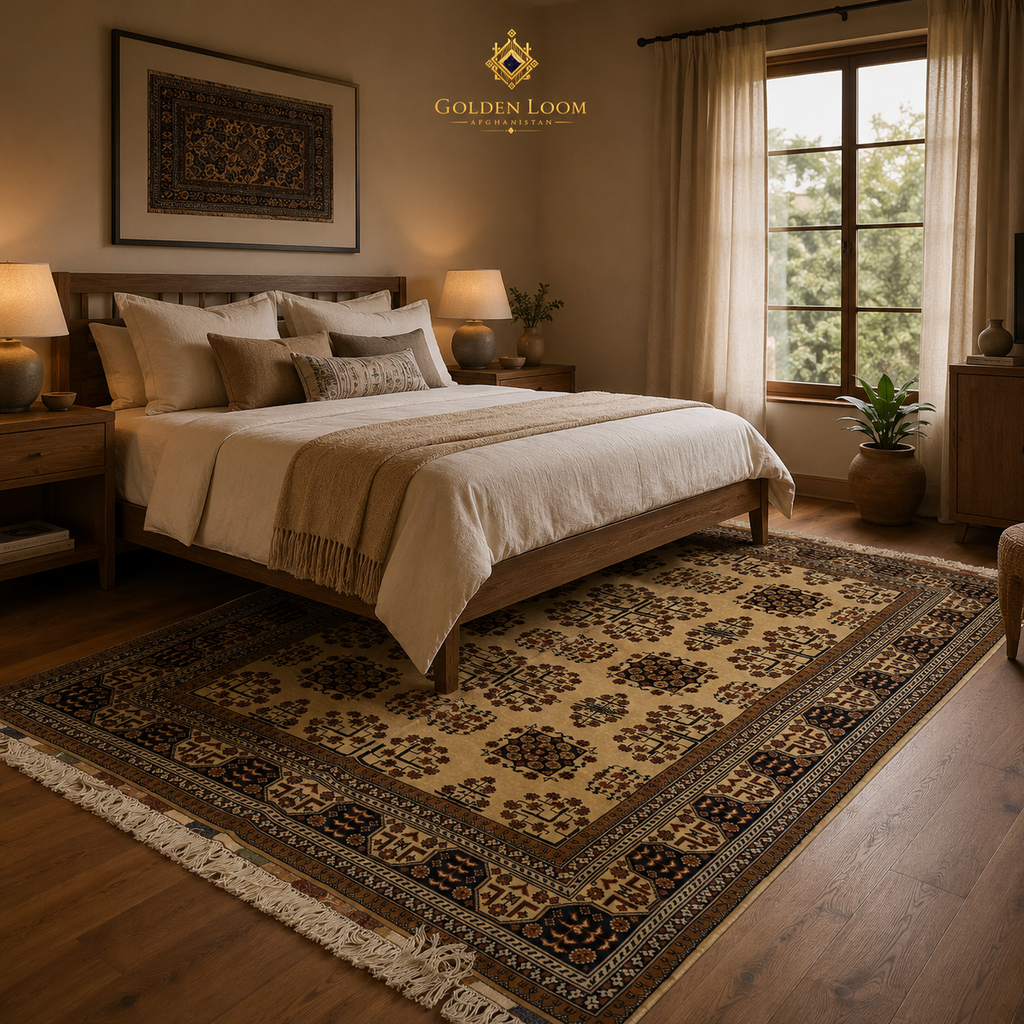 Belzhiki Bokhara Afghan carpet styled in a warm natural-toned bedroom with wooden furniture and sheer curtains — Golden Loom Afghanistan