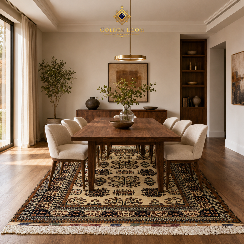 Belzhiki Bokhara Afghan carpet in a contemporary dining room with walnut table, cream chairs, and warm pendant lighting — Golden Loom Afghanistan