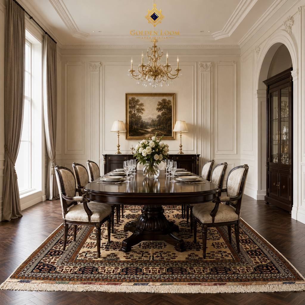 Belzhiki Bokhara handwoven Afghan carpet in a grand formal dining room with dark wood oval table and gold chandelier — Golden Loom Afghanistan