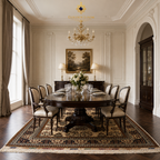 Belzhiki Bokhara handwoven Afghan carpet in a grand formal dining room with dark wood oval table and gold chandelier — Golden Loom Afghanistan